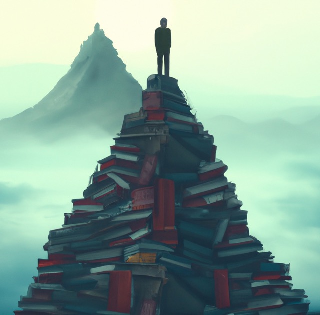 Person on a mountain of books